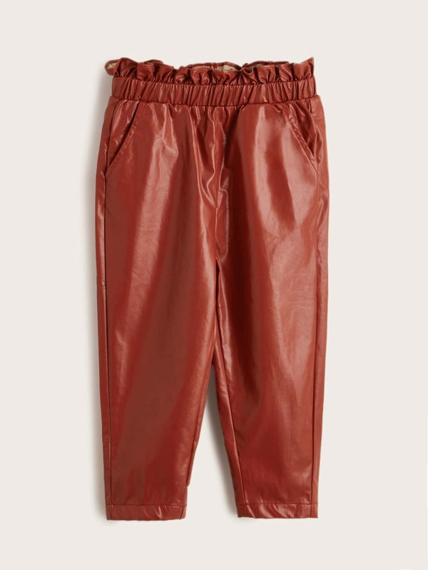 SHEIN Toddler Girls Frill Trim PU Leather Pants