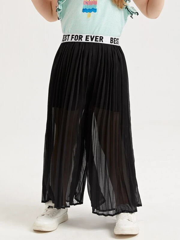 SHEIN Toddler Girls Letter Waist Pleated Wide Leg Pants