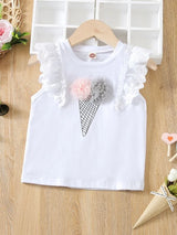 شى ان بلوزة بدون أكمام للبنات الصغيرات، بنقشة مربعات وتطريز زهور ثلاثي الأبعاد مع فتحات وكشكشة