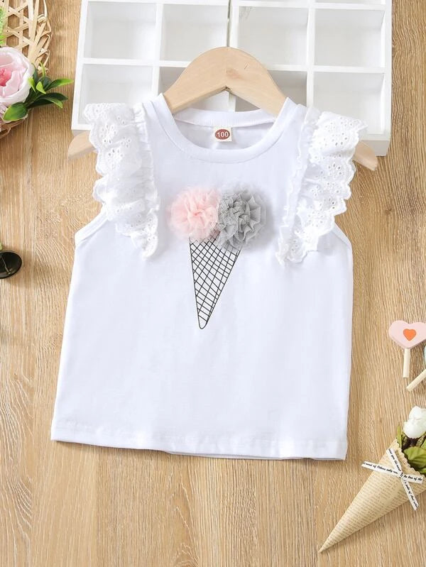 شى ان بلوزة بدون أكمام للبنات الصغيرات، بنقشة مربعات وتطريز زهور ثلاثي الأبعاد مع فتحات وكشكشة