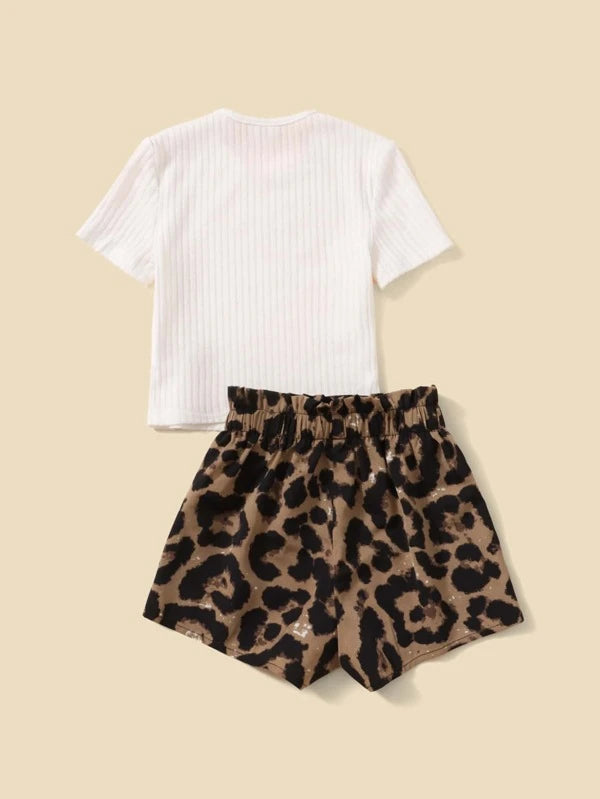 SHEIN Toddler Girls Ribbed Knit Tee &amp; Leopard Print Shorts