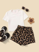 SHEIN Toddler Girls Ribbed Knit Tee & Leopard Print Shorts