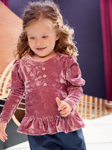 SHEIN Toddler Girls Single Breasted Gigot Sleeve Ruffle Hem Velvet Tee