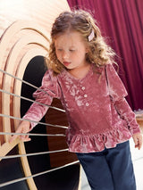 SHEIN Toddler Girls Single Breasted Gigot Sleeve Ruffle Hem Velvet Tee