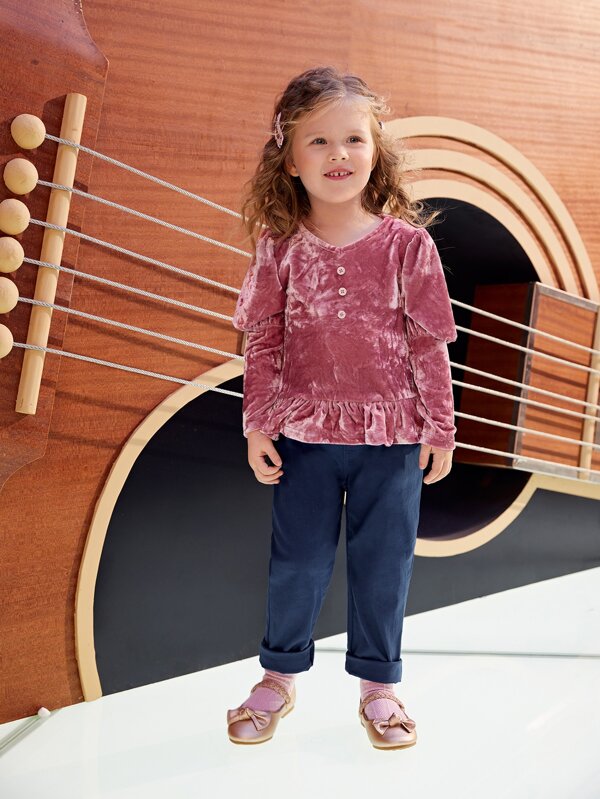 SHEIN Toddler Girls Single Breasted Gigot Sleeve Ruffle Hem Velvet Tee