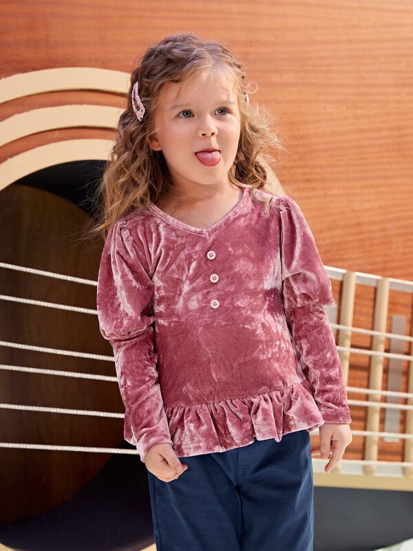 SHEIN Toddler Girls Single Breasted Gigot Sleeve Ruffle Hem Velvet Tee