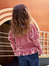 SHEIN Toddler Girls Single Breasted Gigot Sleeve Ruffle Hem Velvet Tee