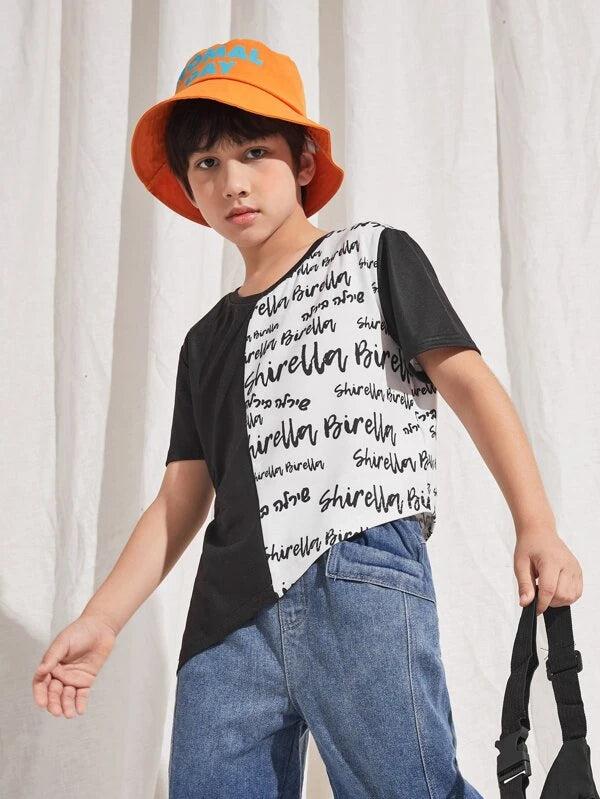 Color: Black and White Style: Casual Pattern Type: Slogan Neckline: Round Neck Details: Asymmetrical Sleeve Length: Short Sleeve Sleeve Type: Regular Sleeve Hem Shaped: Asymmetrical Length: Regular Placket Type: Pullovers Fit Type: Regular Fit Fabric: Medium Stretch Material: Polyester Composition: 95% Polyester, 5% Elastane Care Instructions: Machine wash or professional dry clean Sheer: No