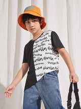 Color: Black and White Style: Casual Pattern Type: Slogan Neckline: Round Neck Details: Asymmetrical Sleeve Length: Short Sleeve Sleeve Type: Regular Sleeve Hem Shaped: Asymmetrical Length: Regular Placket Type: Pullovers Fit Type: Regular Fit Fabric: Medium Stretch Material: Polyester Composition: 95% Polyester, 5% Elastane Care Instructions: Machine wash or professional dry clean Sheer: No