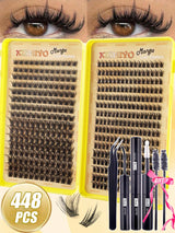 Two trays of Kishiyo Manga false eyelashes shown with close-up eye examples at the top, plus a set of black application tools and a pink gift ribbon. A gold badge reads 448 PCS.