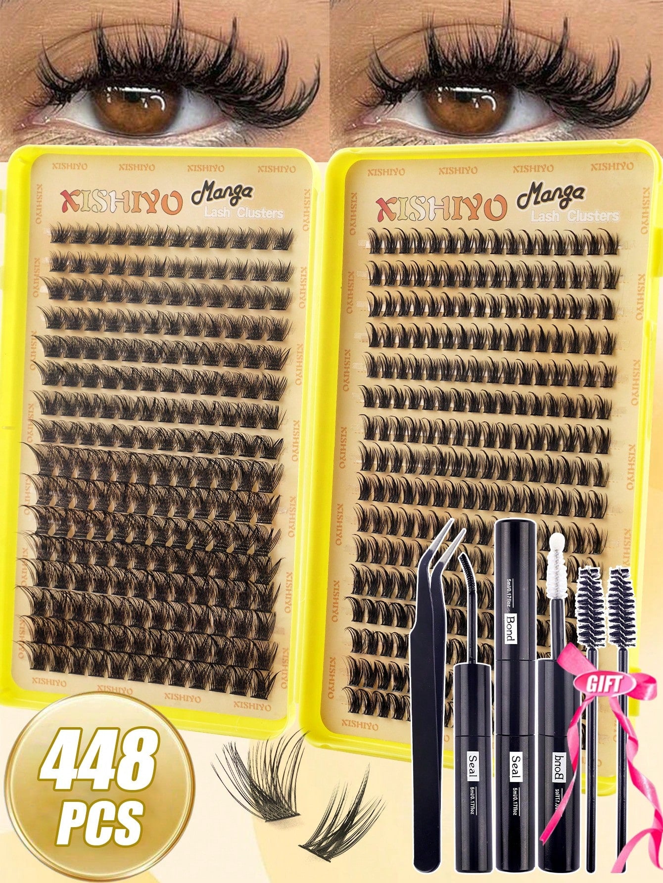 Two trays of Kishiyo Manga false eyelashes shown with close-up eye examples at the top, plus a set of black application tools and a pink gift ribbon. A gold badge reads 448 PCS.