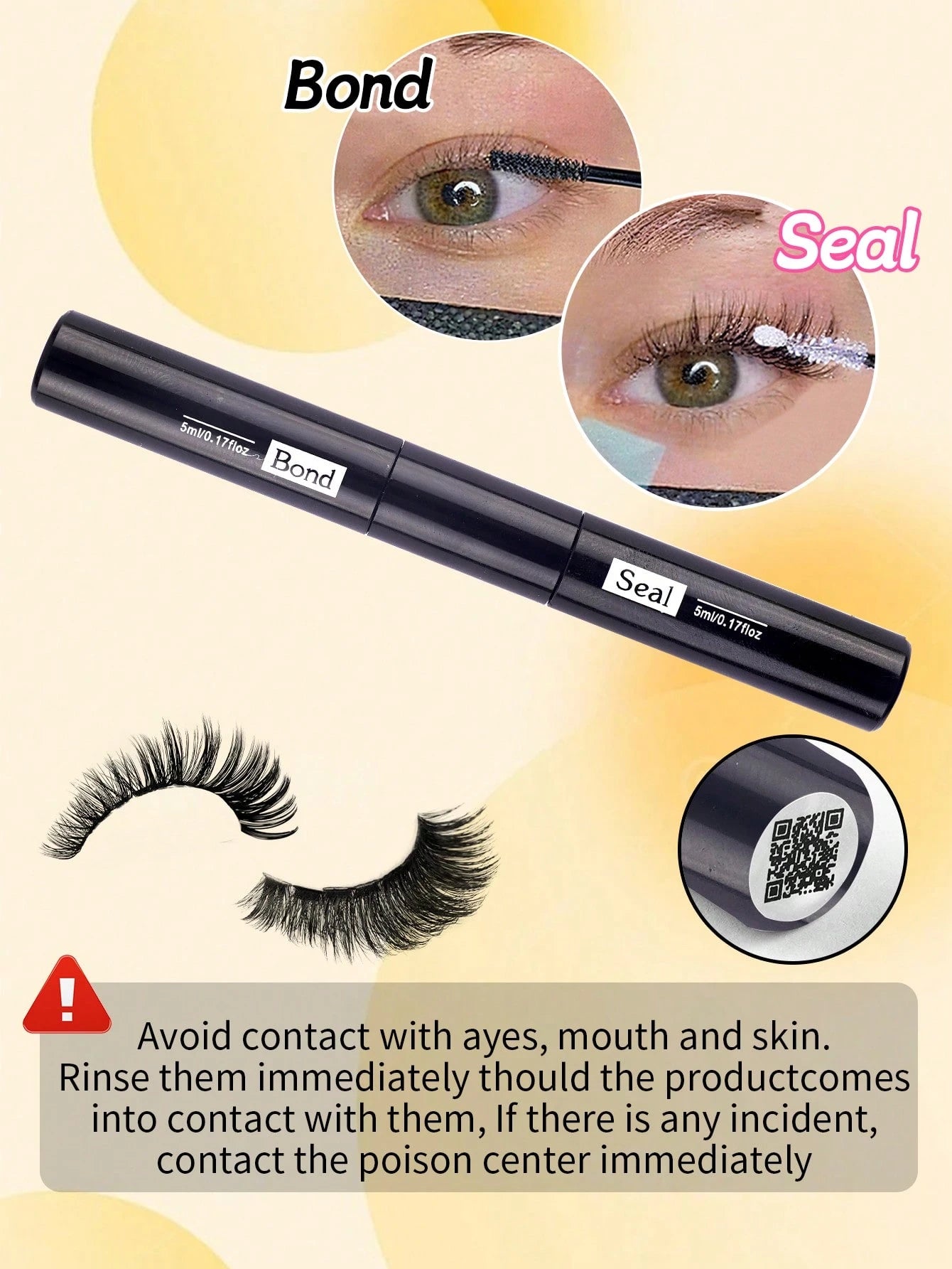 A black eyelash extension bonding and sealing pen shown on a pale yellow background, with circular close-ups of eyes demonstrating the 'Bond' and 'Seal' functions, false eyelashes, and a warning label about avoiding contact with eyes, mouth, and skin.