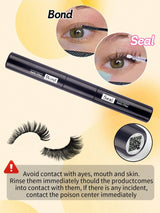 A black eyelash extension bonding and sealing pen shown on a pale yellow background, with circular close-ups of eyes demonstrating the 'Bond' and 'Seal' functions, false eyelashes, and a warning label about avoiding contact with eyes, mouth, and skin.