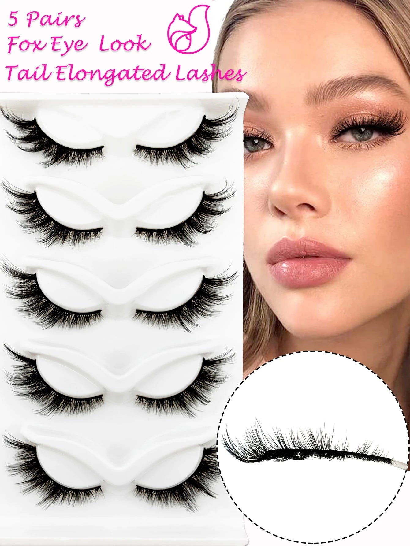 Set of false eyelashes with a close-up of a woman wearing them, labeled 'Fox Eye Look Tail Elongated Lashes'.