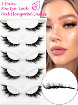 Set of false eyelashes with a close-up of a woman wearing them, labeled 'Fox Eye Look Tail Elongated Lashes'.