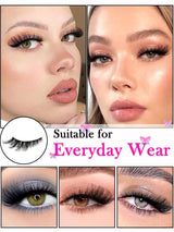 Eyelash product advertisement showing close-ups of eyes with different lash styles and text 'Suitable for Everyday Wear'.