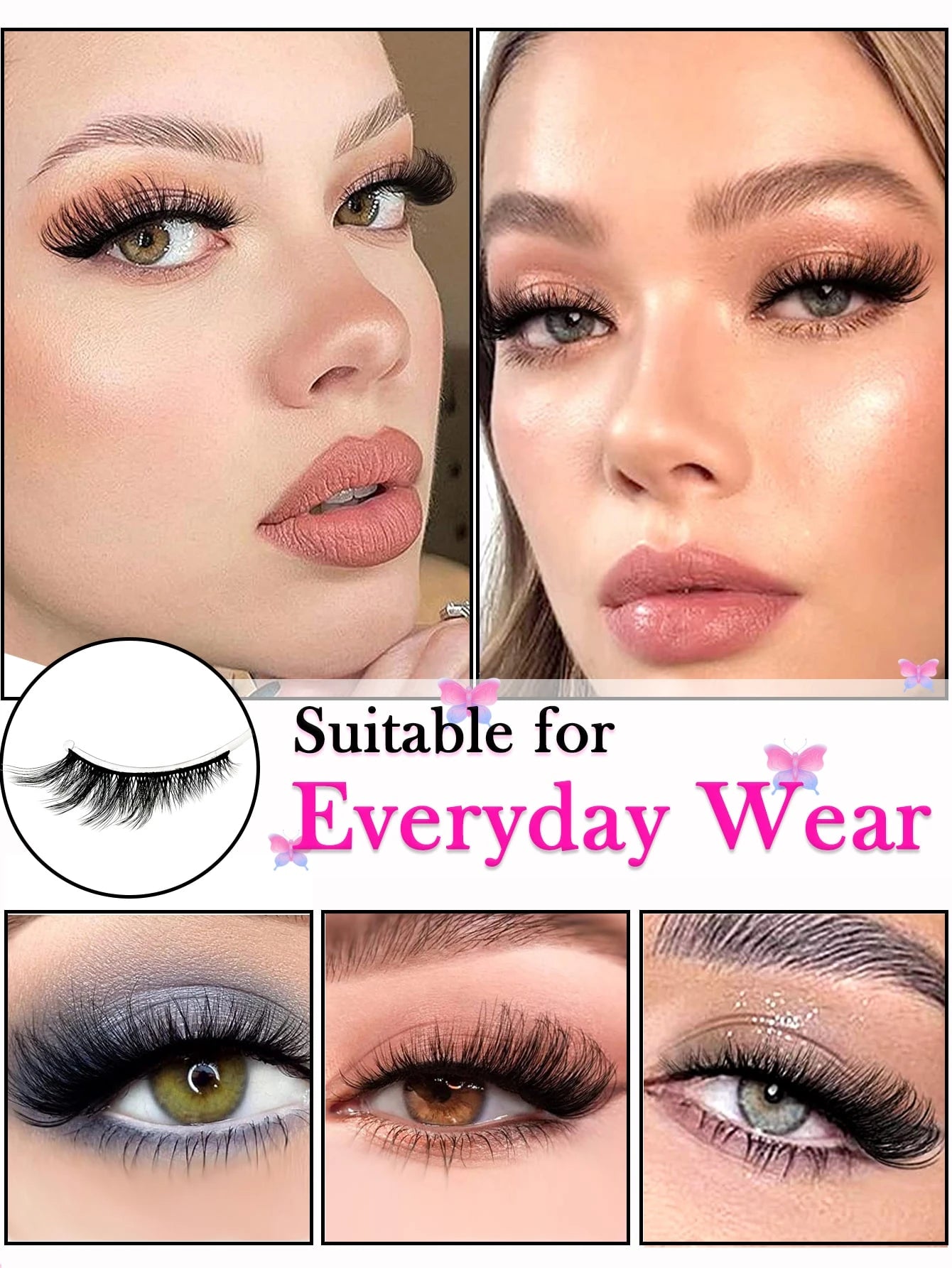 Eyelash product advertisement showing close-ups of eyes with different lash styles and text 'Suitable for Everyday Wear'.
