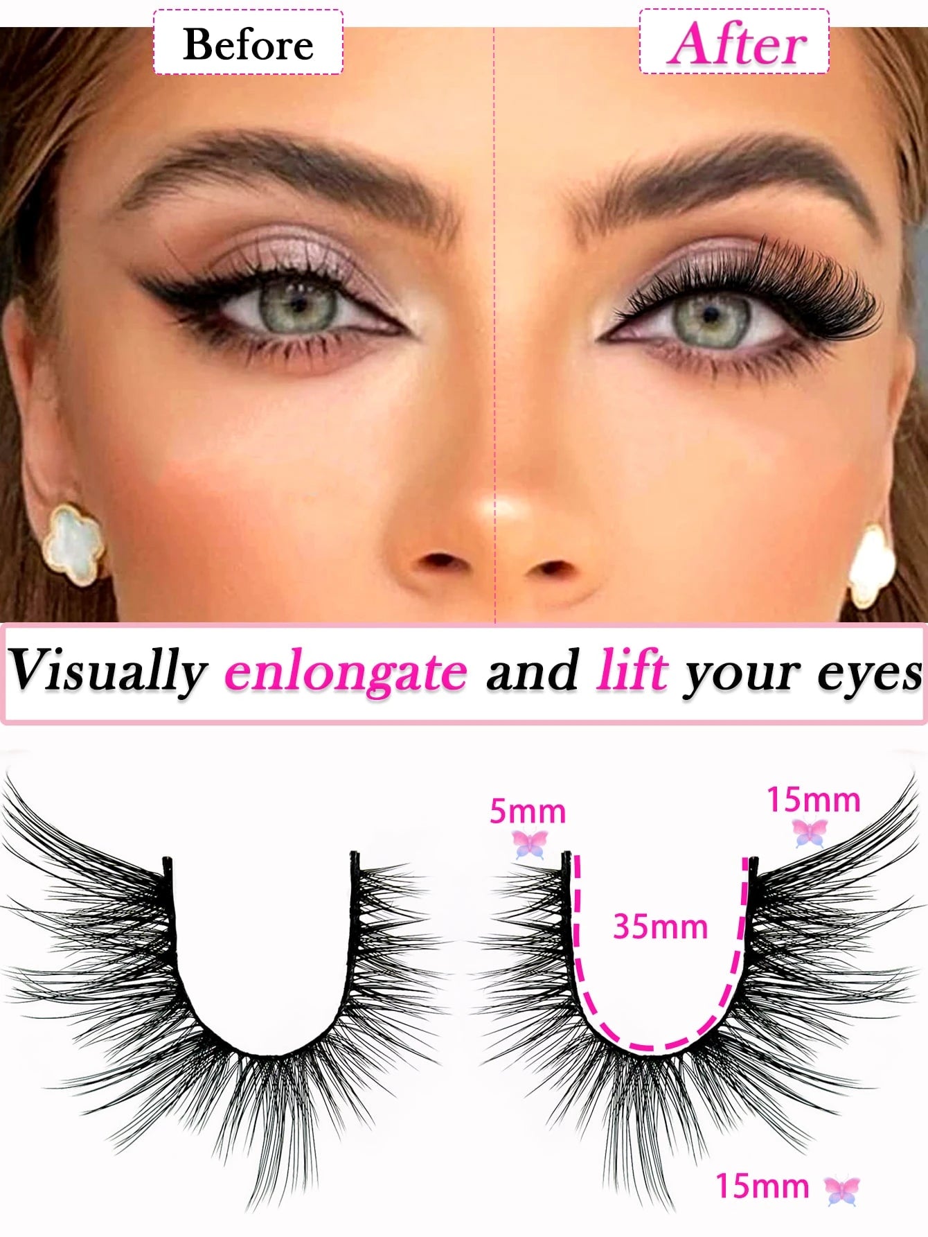 Before and after comparison of false eyelashes with measurements and text.