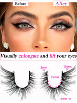 Before and after comparison of false eyelashes with measurements and text.