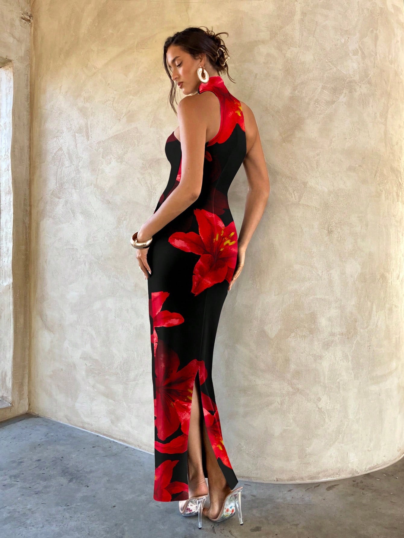 SHEIN Aloruh Elegant Red And Black Lily Flower Dress