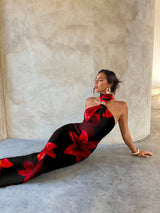 SHEIN Aloruh Elegant Red And Black Lily Flower Dress