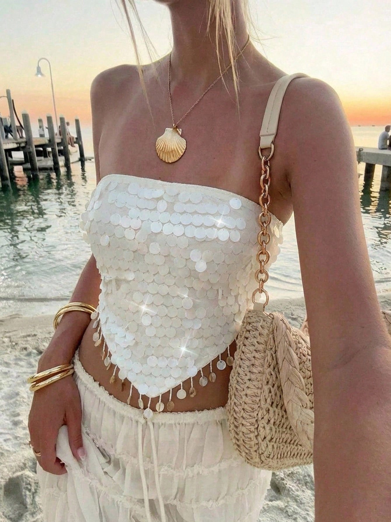 SHEIN Aloruh Sequin Lace-Up Backless Tube Top