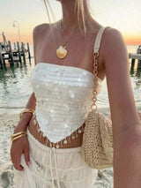 SHEIN Aloruh Sequin Lace-Up Backless Tube Top