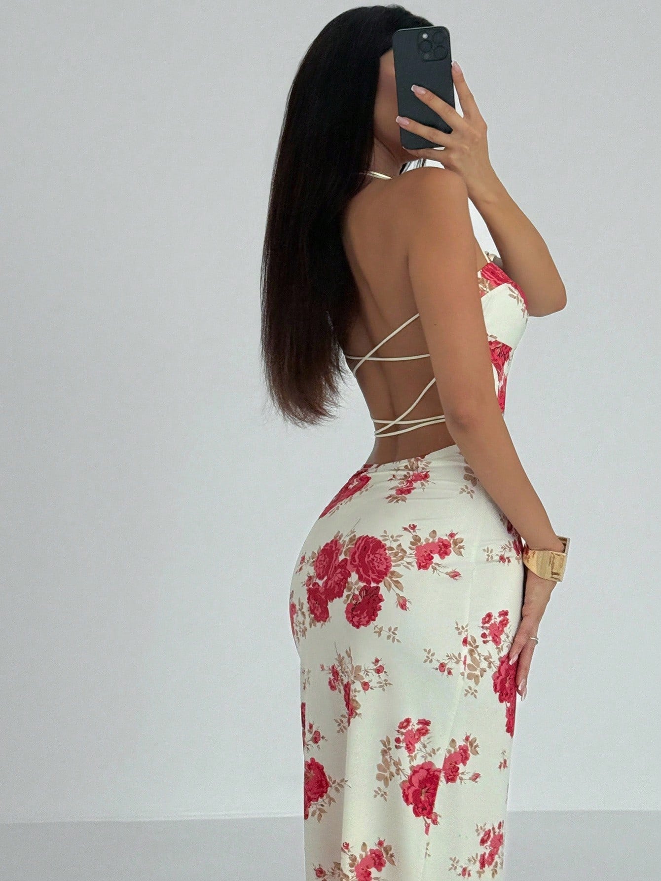 SHEIN Aloruh Women's Floral Print Bodycon Halter Backless Dress