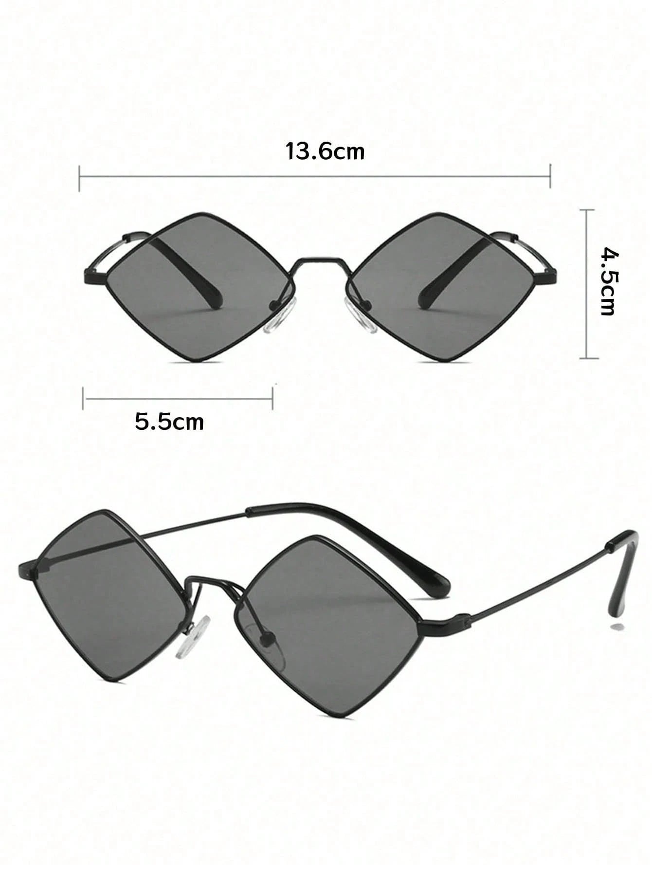 Sunglasses with dimensions labeled on a white background