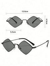 Sunglasses with dimensions labeled on a white background