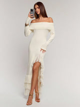 SHEIN BAE Dress Off-Shoulder Fringe Trim Knit Bodycon 