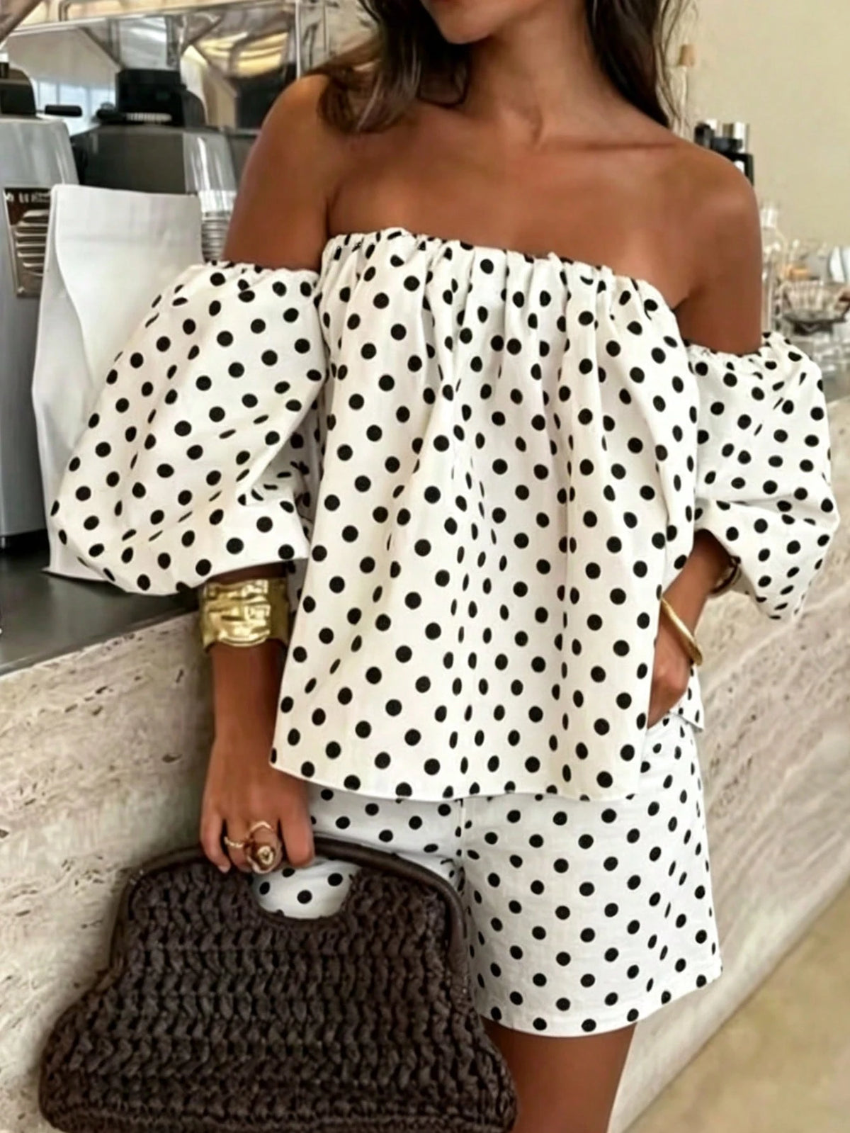 SHEIN Black & White Polka Dot Off-Shoulder 2-Piece Set