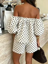 SHEIN Black & White Polka Dot Off-Shoulder 2-Piece Set