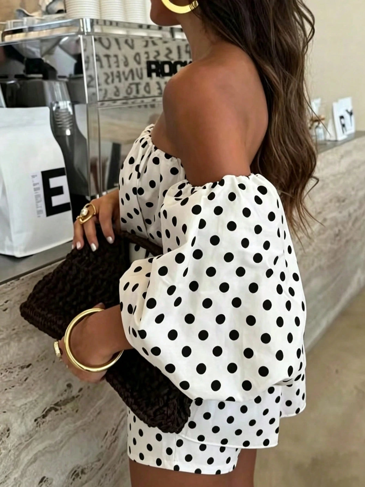 SHEIN Black & White Polka Dot Off-Shoulder 2-Piece Set