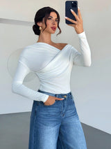 SHEIN  Bodysuit Firerie Women's Solid Ribbed Asymmetric Neck Wrap Long Sleeve