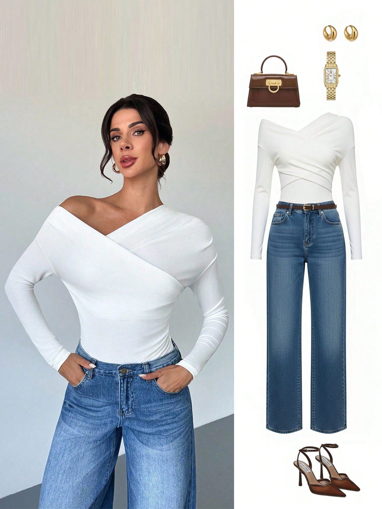 SHEIN  Bodysuit Firerie Women's Solid Ribbed Asymmetric Neck Wrap Long Sleeve