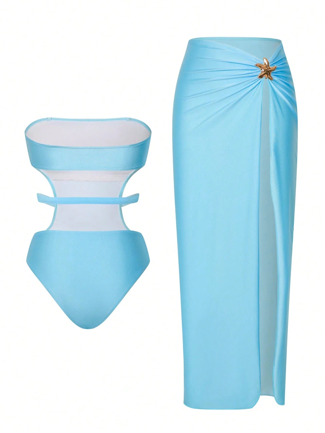 Light blue swimsuit with matching cover-up on a white background