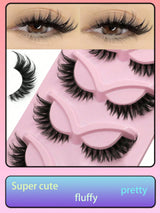 False eyelashes with a pink holder and close-up of eyes wearing them, labeled 'Super cute', 'fluffy', and 'pretty'.
