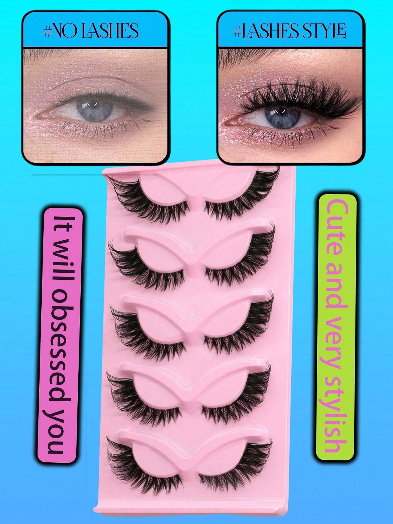 Set of false eyelashes on a pink card with text on a blue background