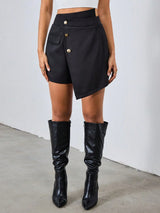 SHEIN Chiquease Women's Black Asymmetrical Waist Elastic Waist Decorative Button Shorts