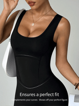 Black shapewear worn by a model with text 'Ensures a perfect fit' on a light gray background
