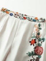 Floral embroidery on a white fabric background