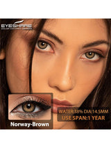 Close-up of a woman's eyes with contact lens color swatch labeled 'Norway-Brown' and product details.
