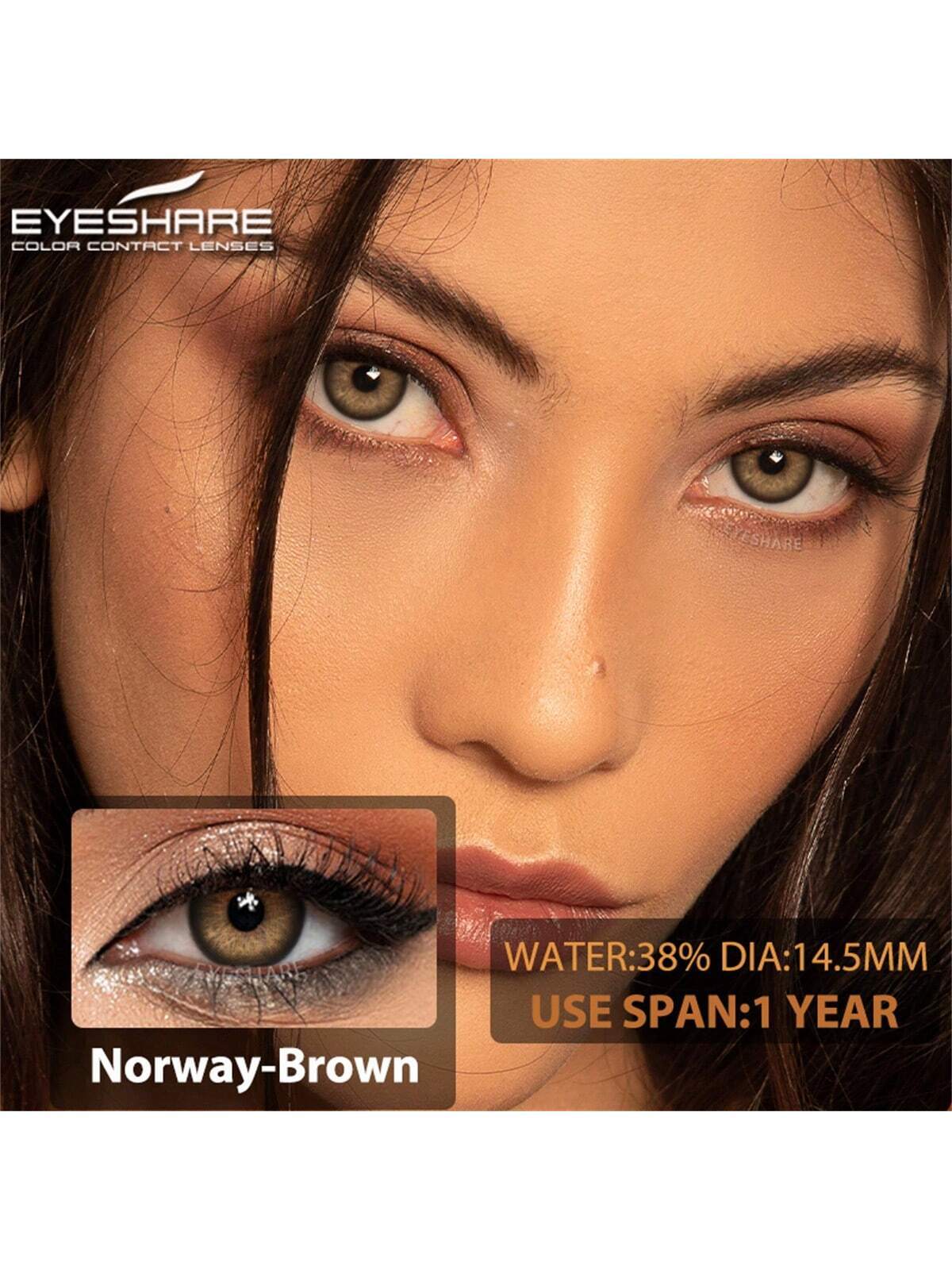 Close-up of a woman's eyes with contact lens color swatch labeled 'Norway-Brown' and product details.
