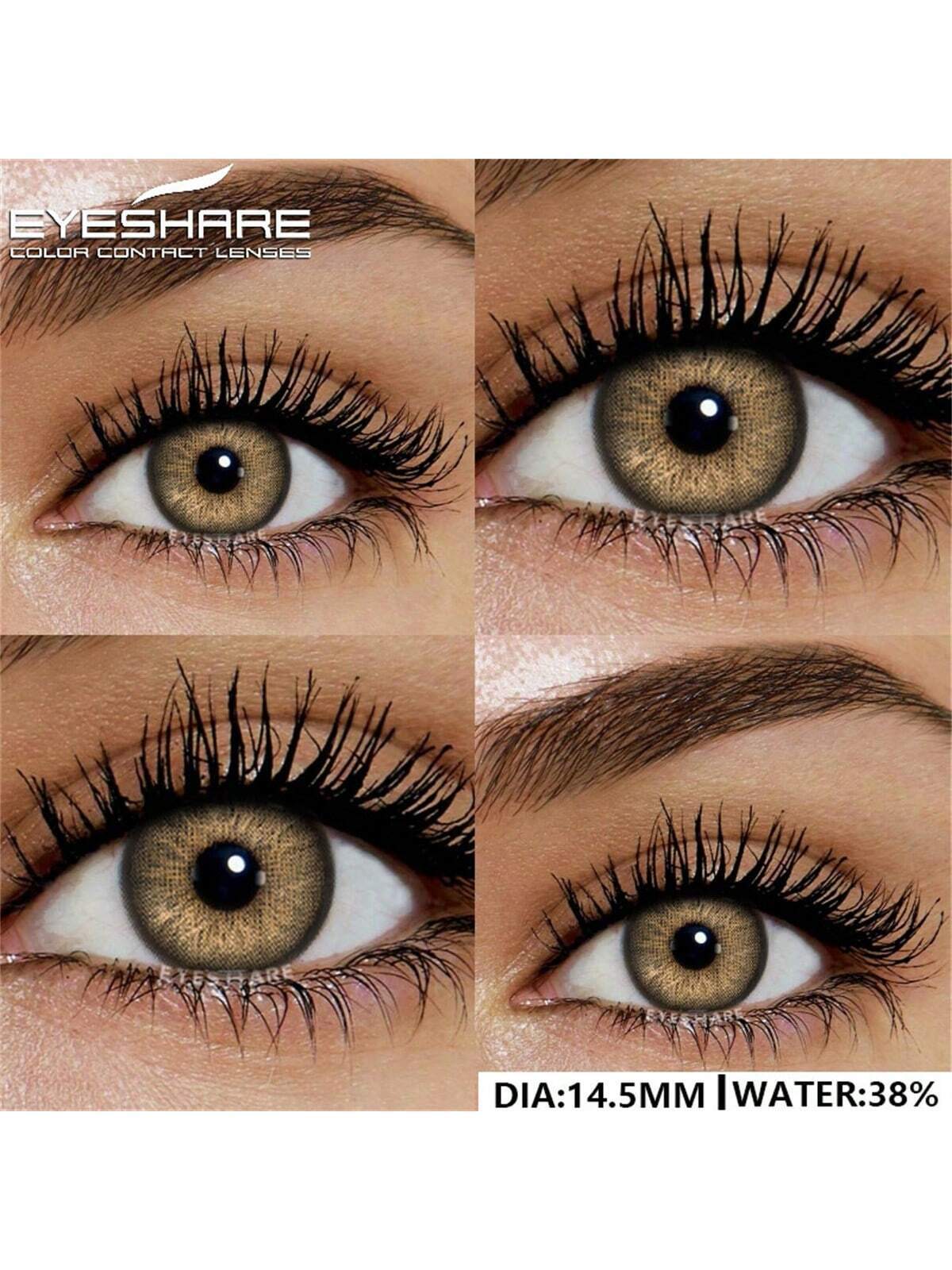 Close-up of eyes wearing brown contact lenses with 'EYESHARE' branding.