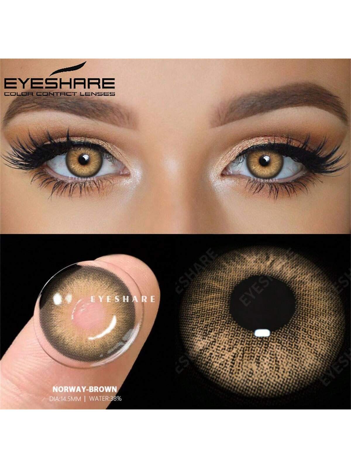 Eyeshare color contact lenses with a close-up of eyes wearing them and the lenses themselves.