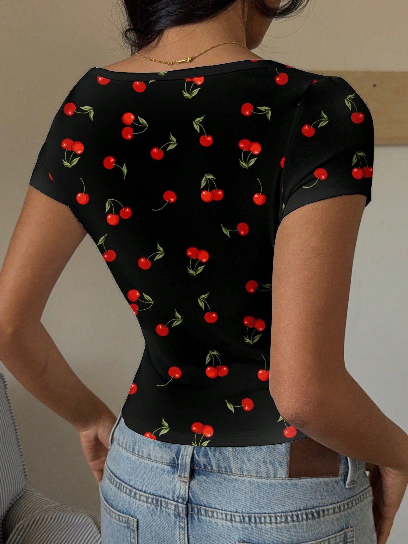 SHEIN EZwear Casual Minimalist Cherry Print T-Shirt