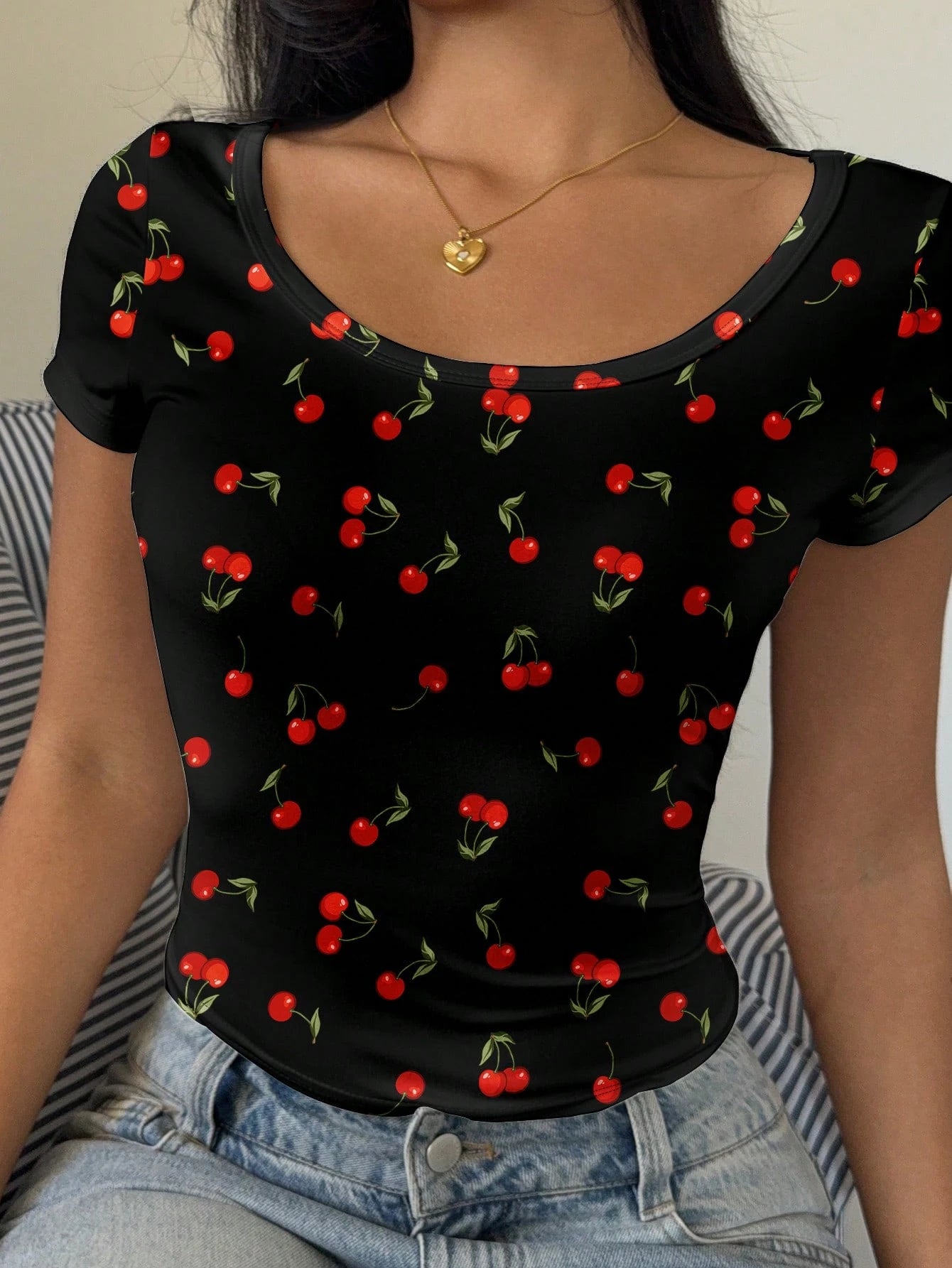 SHEIN EZwear Casual Minimalist Cherry Print T-Shirt