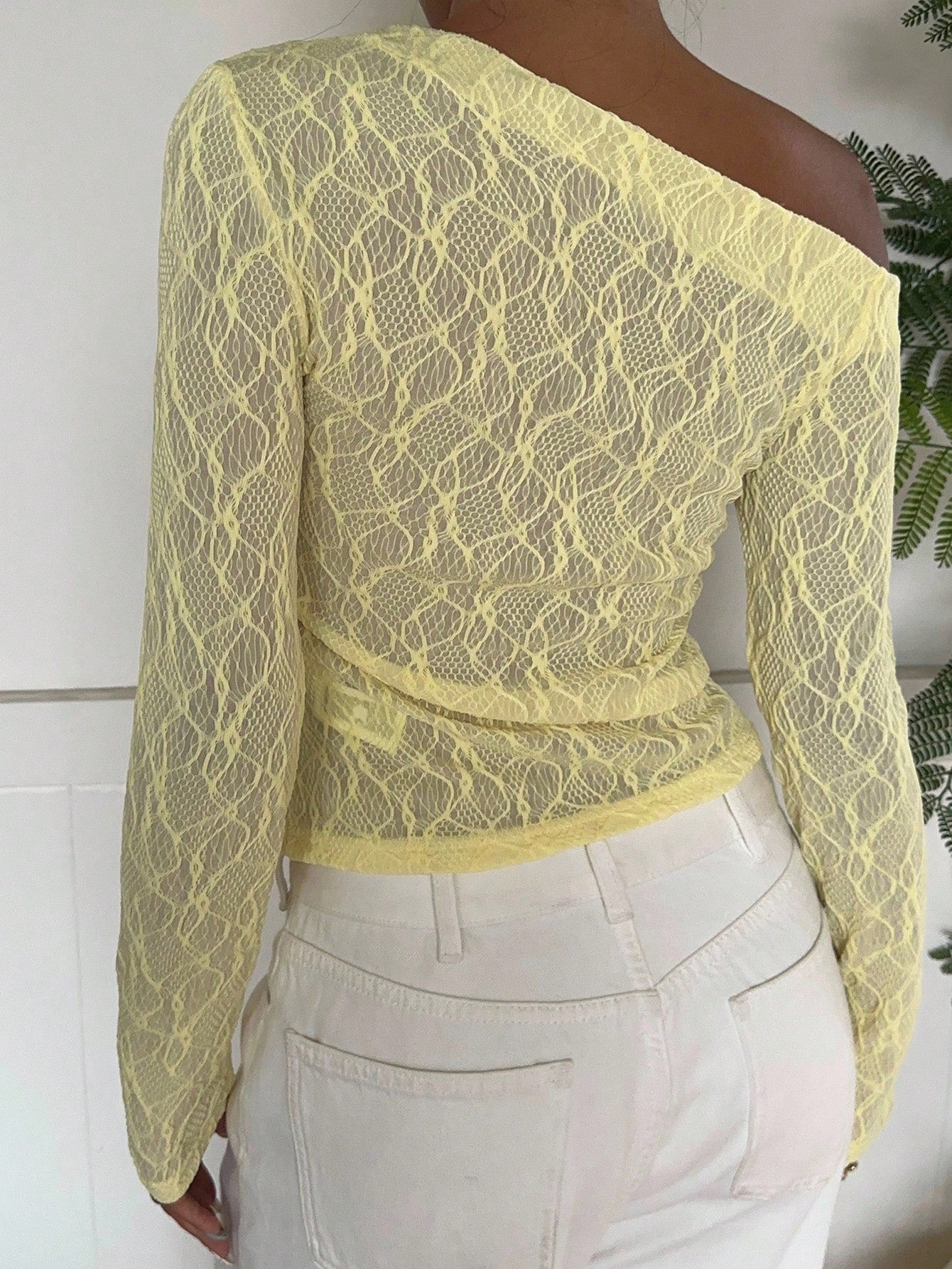 SHEIN EZwear T-Shirt Yellow Asymmetrical Neck Ruffle Sheer Casual Long Sleeve 