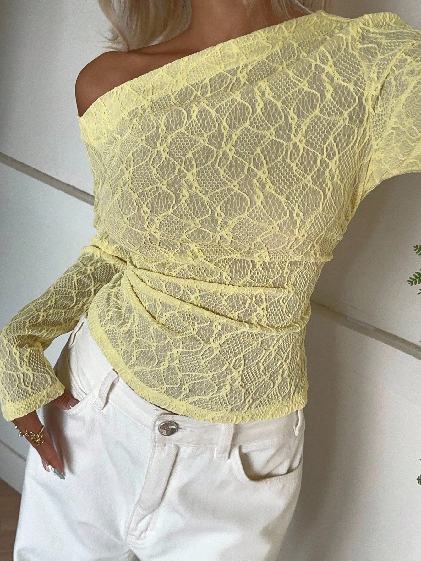 SHEIN EZwear T-Shirt Yellow Asymmetrical Neck Ruffle Sheer Casual Long Sleeve 